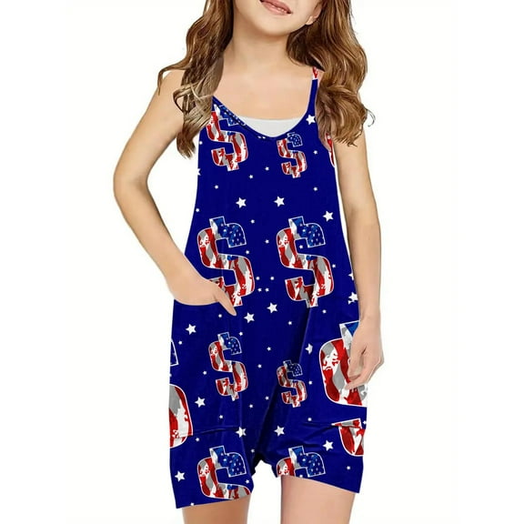 Odeerbi 5-14 Years Teen Girls Summer Jumpsuit Independence Day Print Camisole Romper Casual Sleeveless Strap Overalls Bib Overall Shorts with Pockets