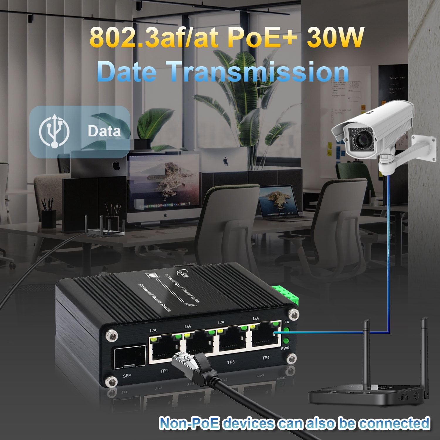 Industrial 4-Port 10/100/1000Mbps Gigabit Switch with SFP Slot, 5-Port Ethernet Switch Supporting Din-Rail, 10 Gbps Switching Capacity, Plug & Play