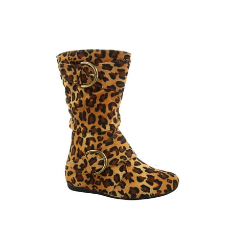 Klein-70 Girls Kid s Causal Flat Heel Buckles Zipper Slouchy Mid Calf Boots Shoes ( Leopard  10 )