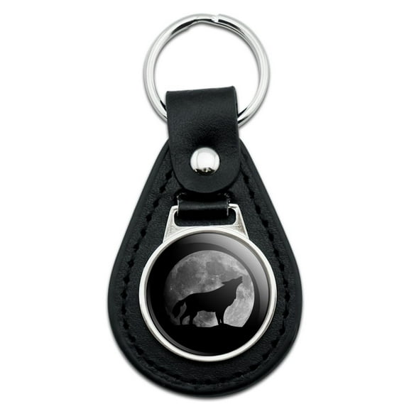 Wolf Howling Moon Silhouette Black Leather Keychain