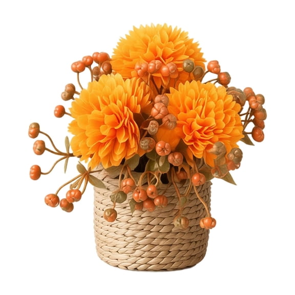 Artificial Pom Pom Chrysanthemum, Faux Floral Arrangement in Woven Basket, Retro Rustic Thanksgiving Home Decor for Dining Table Centerpiece, Living Room Farmhouse Fall Decoration