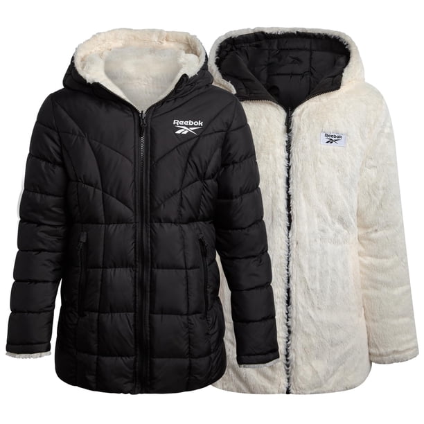 Chaqueta puffer reversible para niña Reebok con capucha de pelo sintético negra talla 7-8