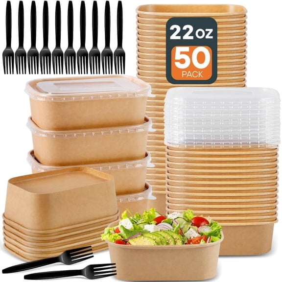 50 Pack Paper Bowls with Lids, 22oz Disposable Kraft Paper Food Containers with Lids and Forks,Disposable Salad Bowls,Meal Prep Containers for Snack Takeout,Party Supplies,Picnic