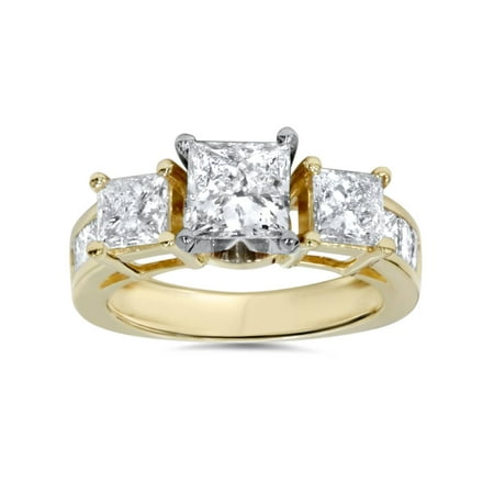 2 carat Princess Cut Diamond 3 stone Engagement Ring 14K Yellow Gold