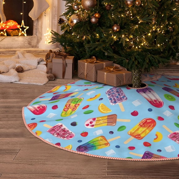 Halloween Christmas Tree Skirt - Cool Summer Ice Cream Print 30 Inches Christmas Tree Skirt for Halloween Holiday Indoor Home Christmas Tree Decorations with Three Ribbons