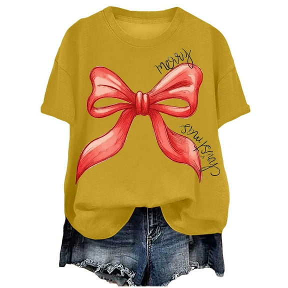 larppty Women Casual Christmas Shirts: Short Sleeve Tunic Tops - Womens Crew Neck Tee Tshirt Blouses (Yellow, S)