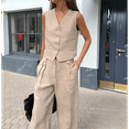 thumbnail image 6 of Women'S 2 Piece Outfits Linen Vest Waistcoat Dressy Casual Sets Wide Leg Pants Suits Khaki L, 6 of 10