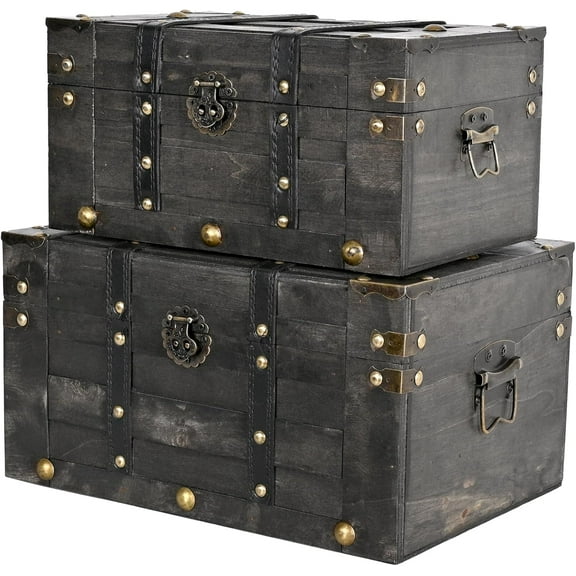 Wooden Vintage Luggage Trunks Set of 2, Decorative Antique Suitcase Storage Boxes with Hinged Lids, Old Fashioned Treasure Chest Organizer for Home, Tabletop & Rustic Decor, Black