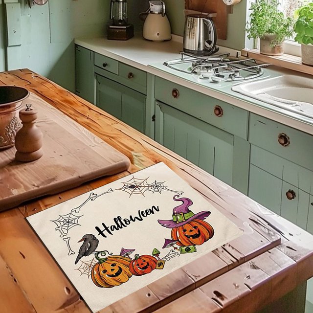Halloween Themed Linen Placemat For Dining Table Kitchen And Living Room Decorative Holiday Dinner Mat Heat Insulation