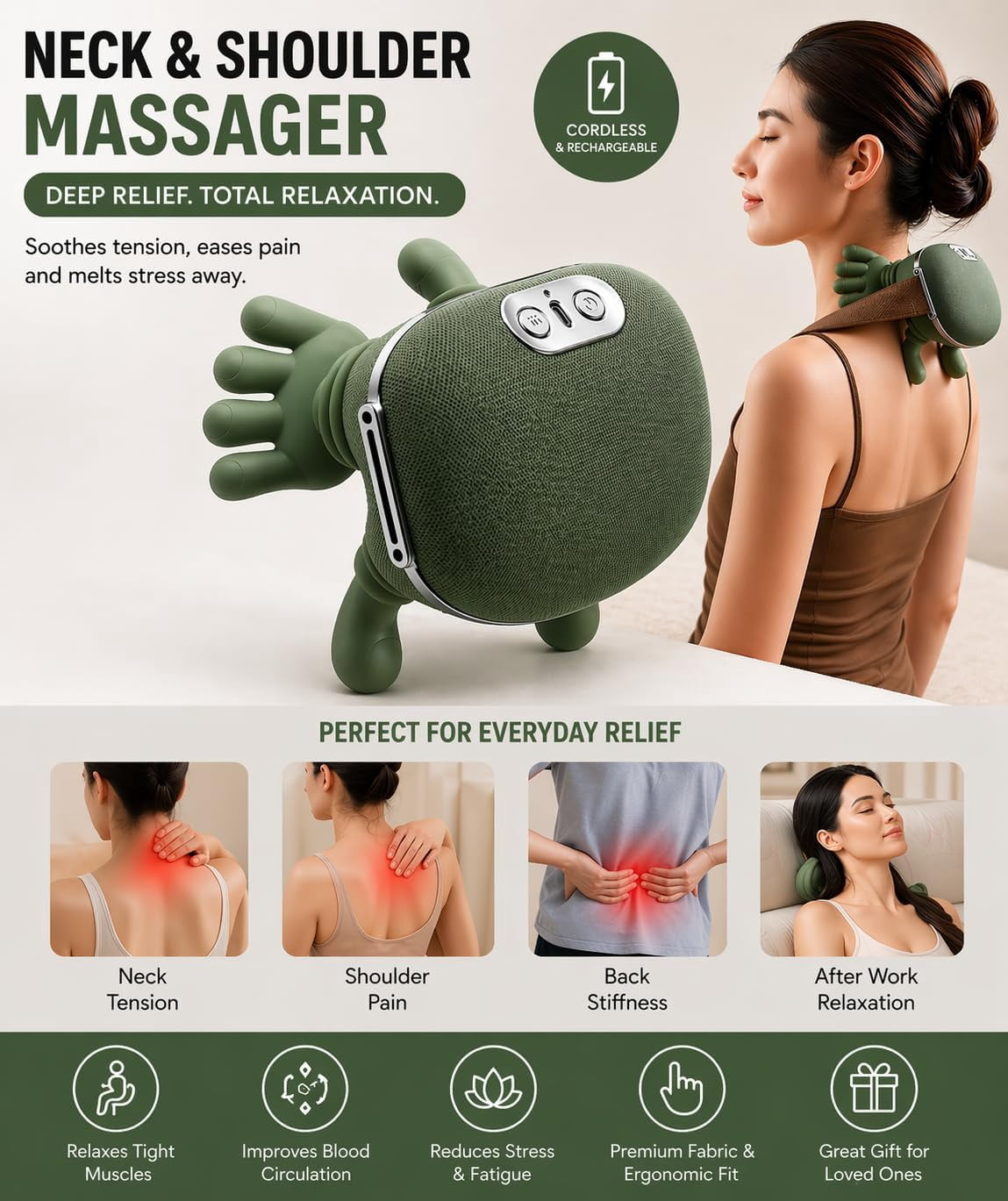 Electric Neck Massager with Heat - Realistic Hand Sensation Deep Tissue Shoulder Massager Cordless & Portable USB Rechargeable Neck Relaxer for Muscle Stress Relief