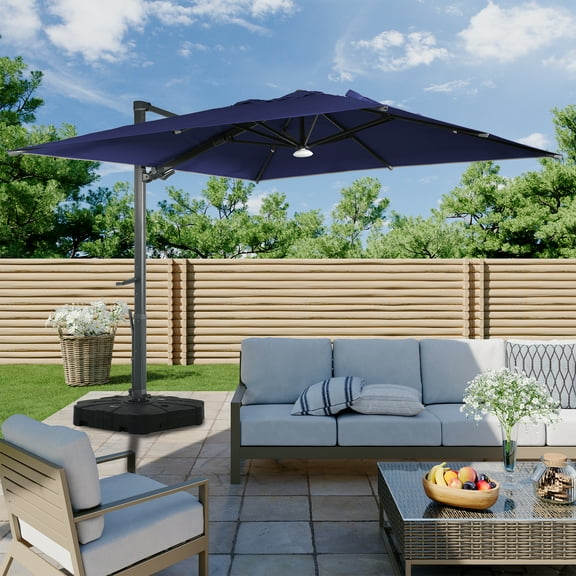 Boyel Living Cantilever Outdoor Patio Umbrellas, with Bluetooth Ambient Light & Base, Offset Square Umbrella for Pool Deck Garden Backyard, Navy Blue
