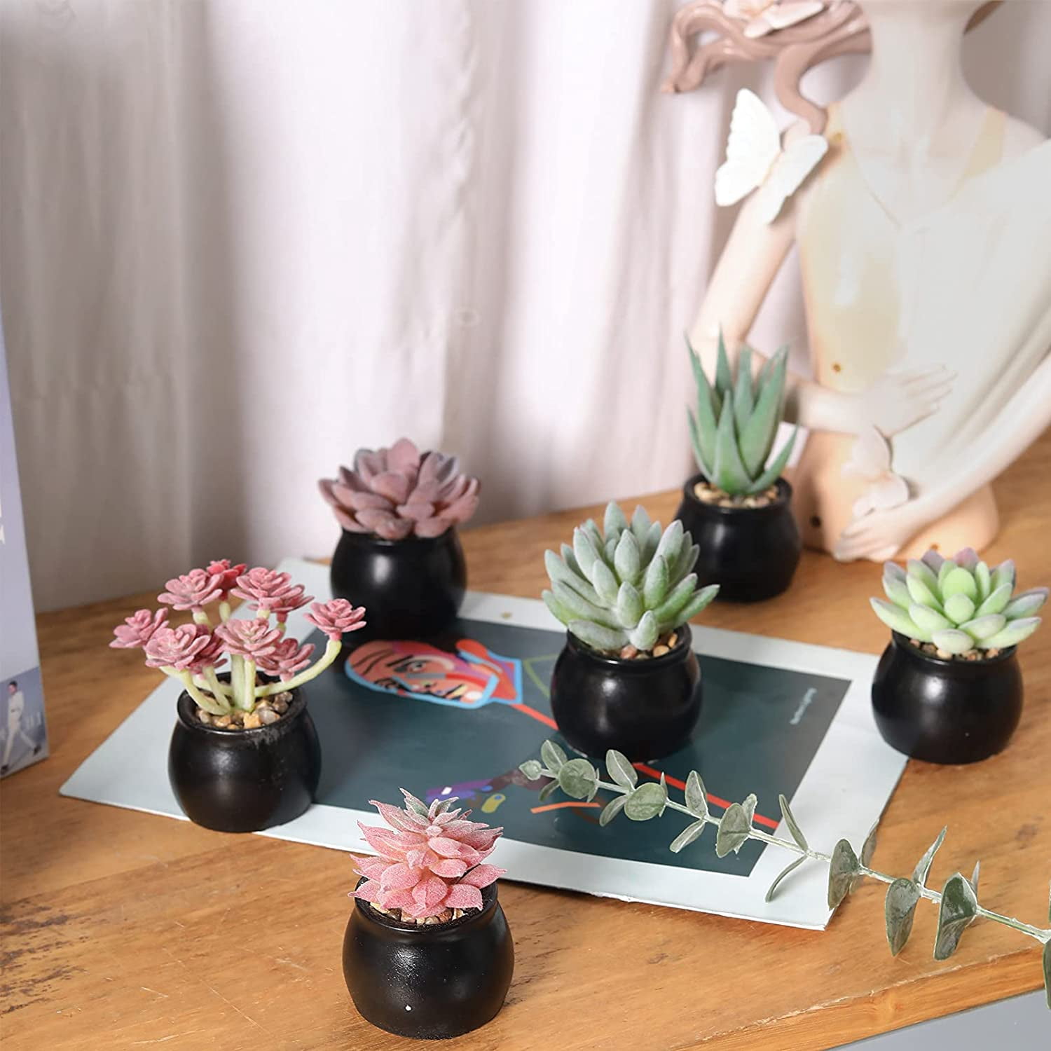 Mini Fake Succulent Plants Artificial Plastic Succulents Potted Faux Assorted Plants for Home Office Table Decoration, Set of 6 (White Plastic Pots)