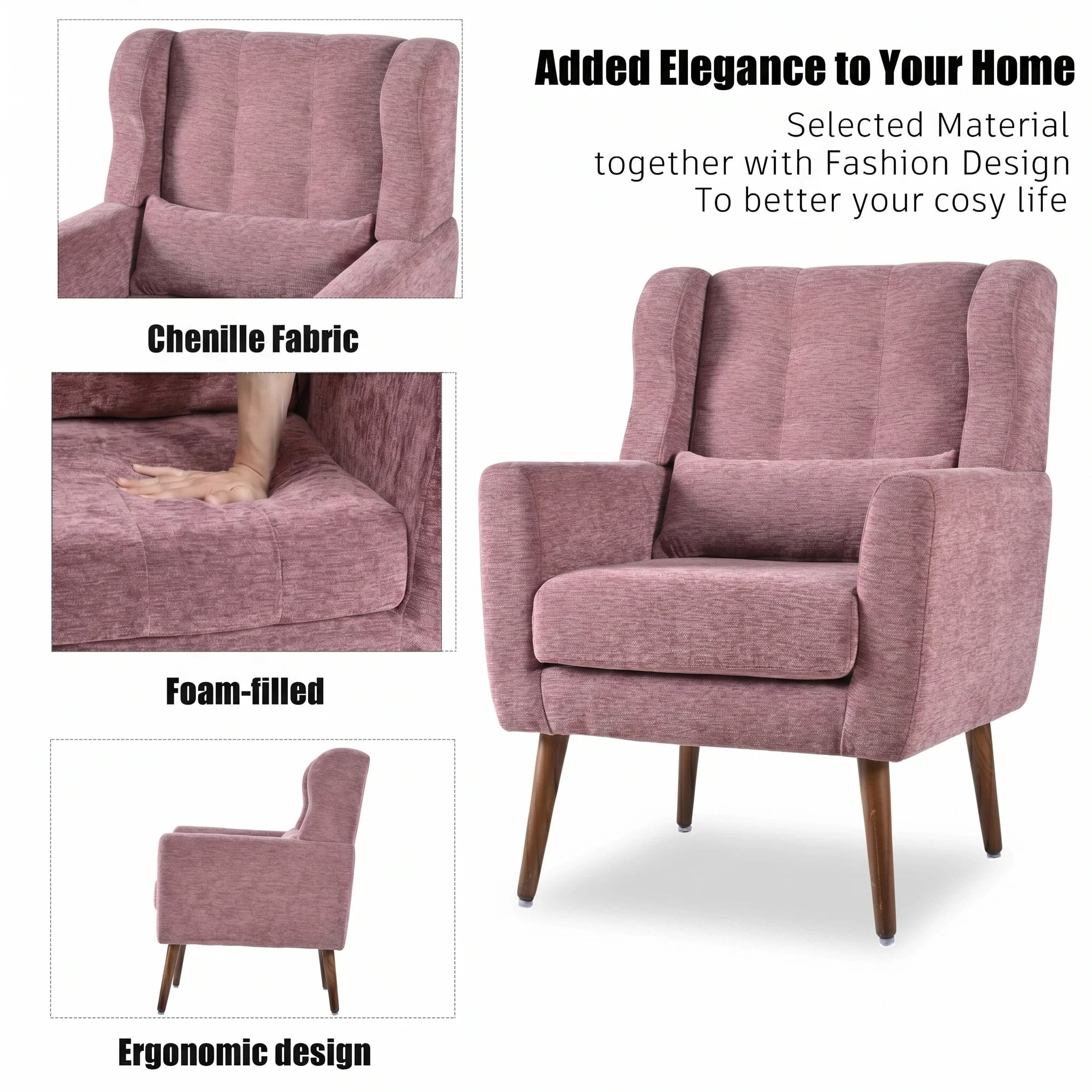 AISWORD Modern Accent Chair, Upholstered Armchair with Pillow, Fabric Single Sofa Chair with Lounge Seat and Wood Legs Accent Chair for Living Room Bedroom Small Spaces, Dark Purple