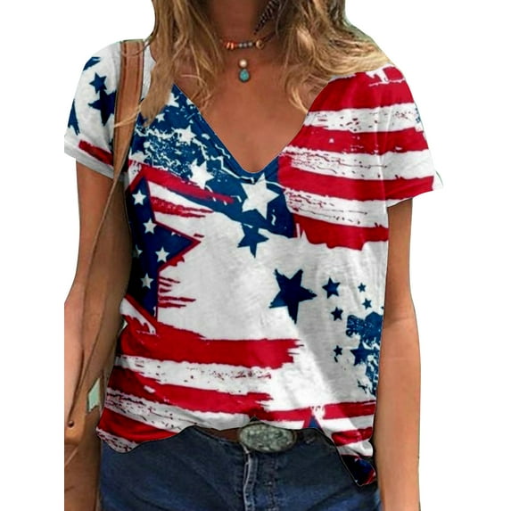 YAGHYAGH Womens Summer T Shirt American Flag Print Independent Day Blouse Tops