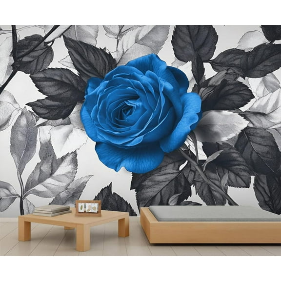 Large Blue Rose Mural - Vintage Floral Mural Wallpaper For Living Room Bedroom, Rose Mural 79"W x 55"H (Not Peel and Stick)