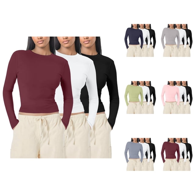 3 Pcs Hauts à Manches Longues pour Femmes 2026 Printemps Décontracté Court Col Ras du Cou Amincissant T-Shirt Chemise sous-Vêtement