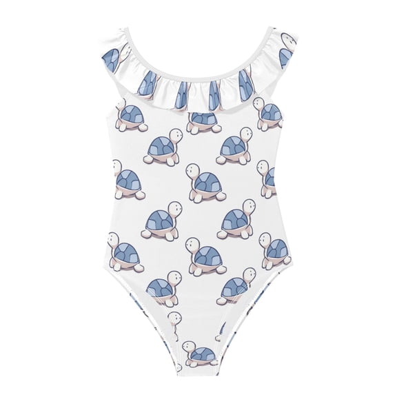 Girls Ruffled One Piece Swimsuit Summer Beach Vacation Swimwear Tank Swimsuit Cartoon Turtle Pattern