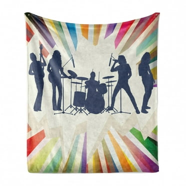 Music Soft Flannel Fleece Throw Blanket, Rock Band 80s Hairstyle Music Instruments Image with Rainbow Color Striped Border, Cozy Plush for Indoor and Outdoor Use, 50" x 60", Multicolor, by Ambesonne