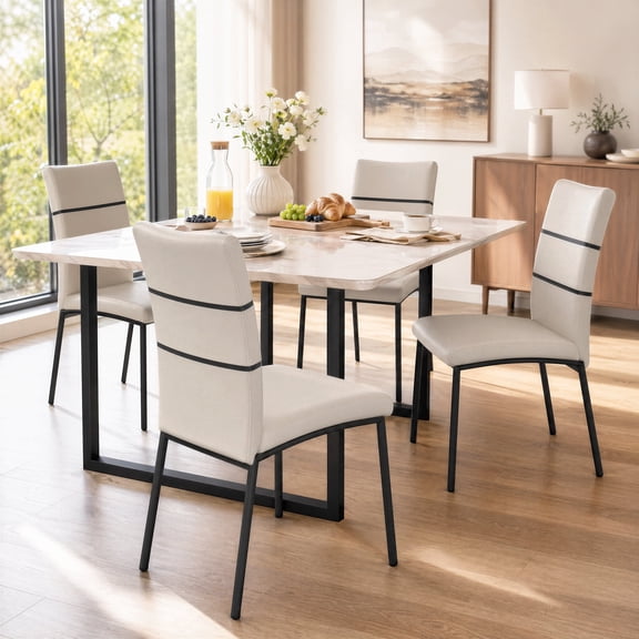 Manora White Faux Leather Dining Chair with Black Accent Stripe, Black Metal Leg Upholstered Side Chair