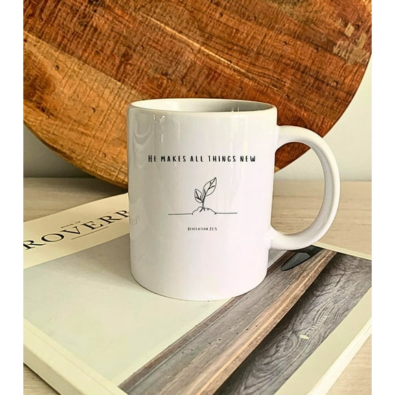 He Makes All Things New Coffee Mug White Ceramic Christian Coffee Mug with Revelation Bible Verse Inspirational Mug with Christian Aesthetic, Ceramic Mug 11Oz