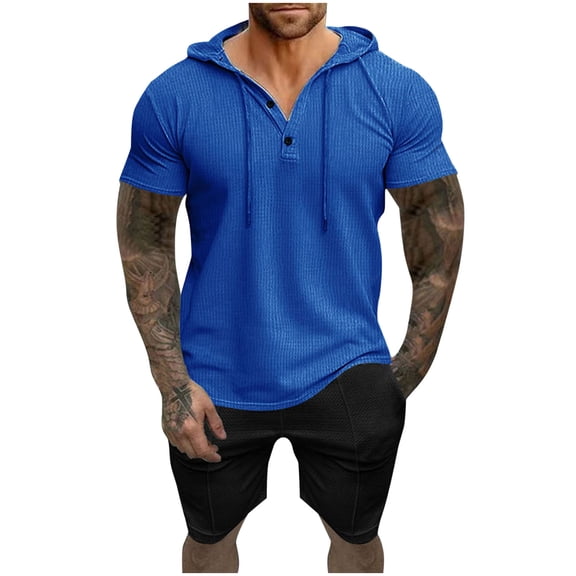 Timoontee Men's 2 Piece Waffle Sets Summer Casual Beach Vacation Sets Short Sleeve Hoodies with Drawstring Shorts Lightweight Hiking Workout Tracksuit Blue XXXL