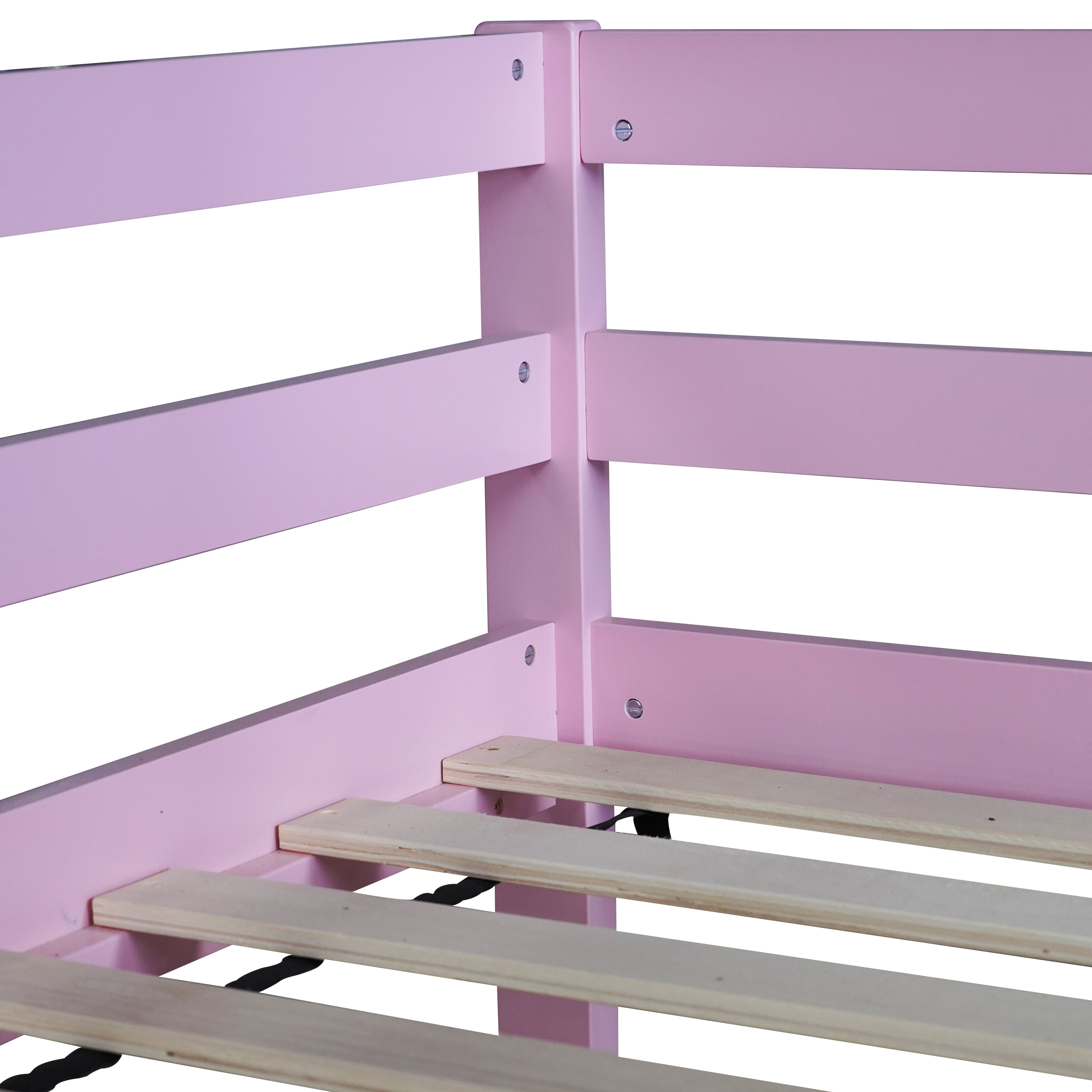 Alvantor Wooden Bunk Bed Twin over Twin Floor Bunk Bed with Safety Rail, Ladder for Children Boys Girls Pink