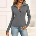 thumbnail image 2 of STICHOU Gray Polo Shirts for Women Long Sleeve Casual Solid Color Deep V Neck Tops Button Down Business Collared Tee Trendy Blouses Gray XL, 2 of 6