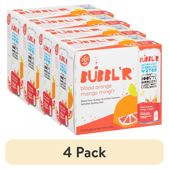(4 pack) BUBBL'R Antioxidant Sparkling Water, Blood Orange Mango Mingl'r, 12 fl oz, 6 Pack Cans