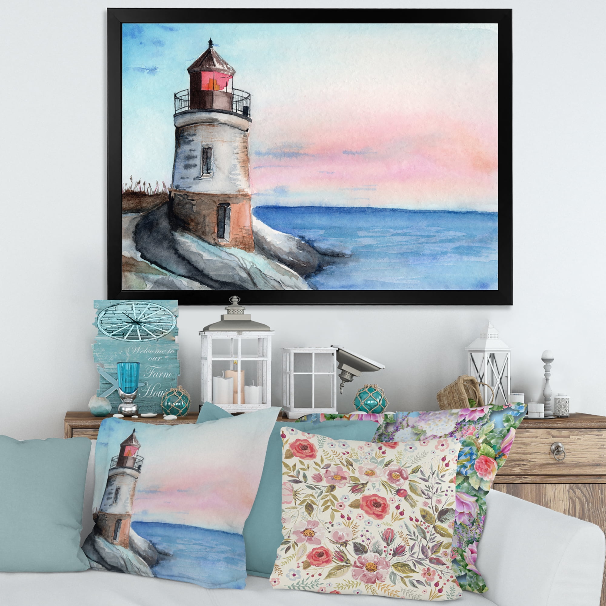 Designart 'A Lighthouse On A Rock Shore At Dawn' Nautical & Coastal Framed Art Print