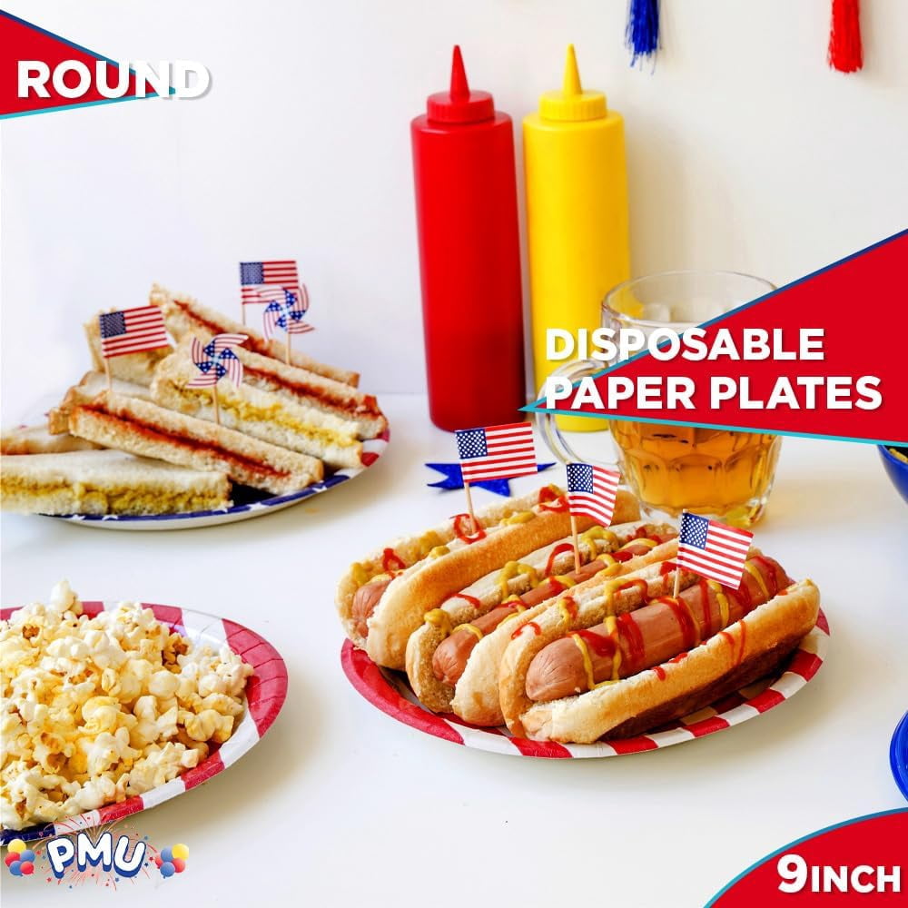 PMU Patriotic Stars and Stripes American Flag 9-Inch Dessert Plates, Patriotic Party Tableware (8/pkg) Pkg/6