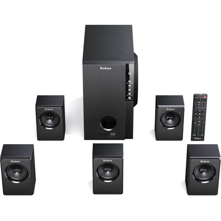 Home Theater Systems with 5.25 inch Subwoofer, 5.1 Wired Satellite Surround Sound Speakers, 600 Watts Peak Power Deep Bass Audio Stereo System with FM Radio Bluetooth AUX DVD USB SD Input