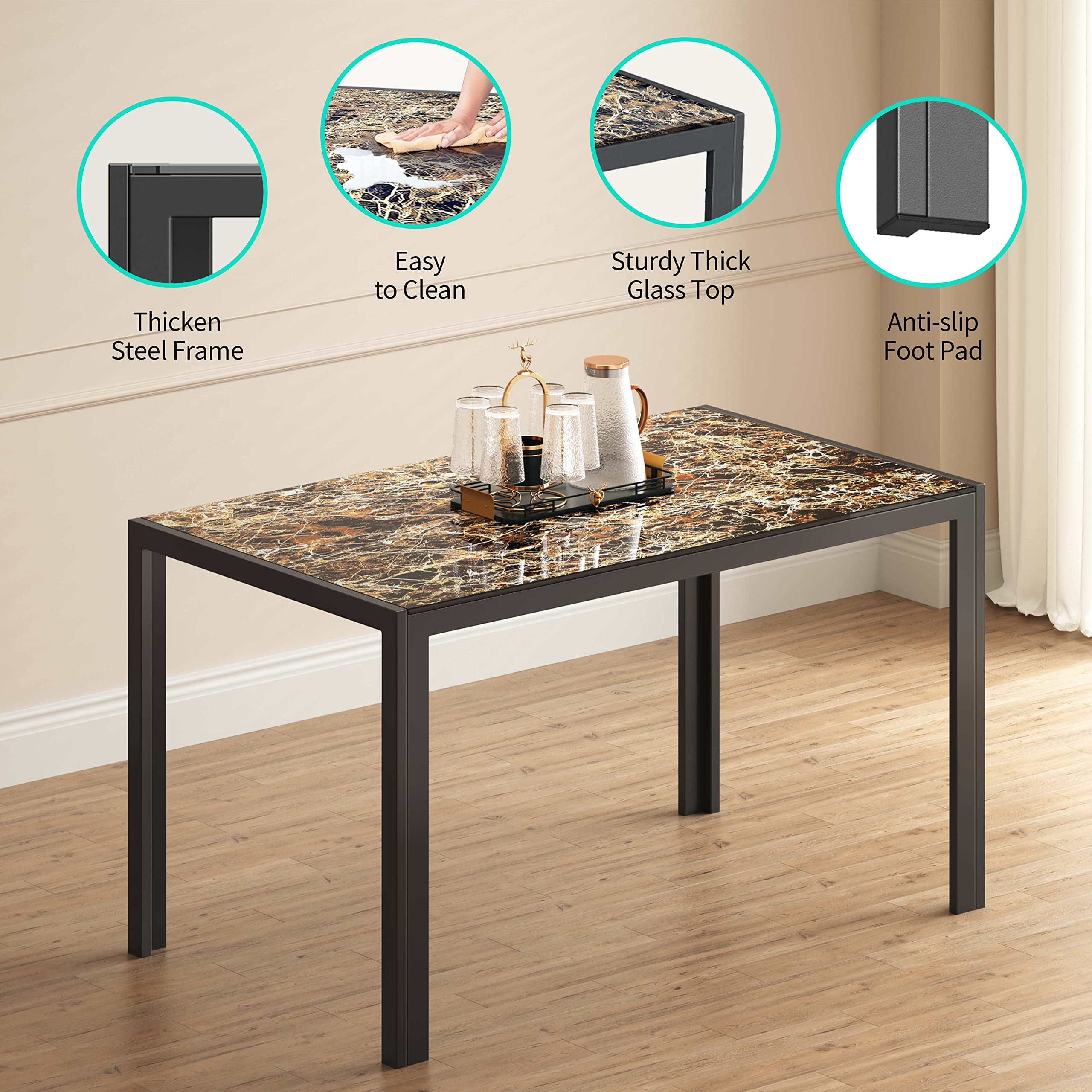 Lofka Tempered Glass Dining Table Set for 4, Kitchen Table with 4 Back Support Chairs for Meals, Marble