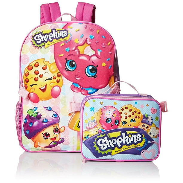 AST Toys Shopkins Pink Girls School Backpack Lunch Box Book Bag Combo