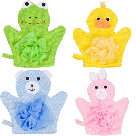 Bath Wash Mitt (Hand Puppet Wash Bath Mitt Towel with Sponge and Scrunchie Puff Scrub Mesh for Bathing Showering with Animal Designs for Children by Made Easy)