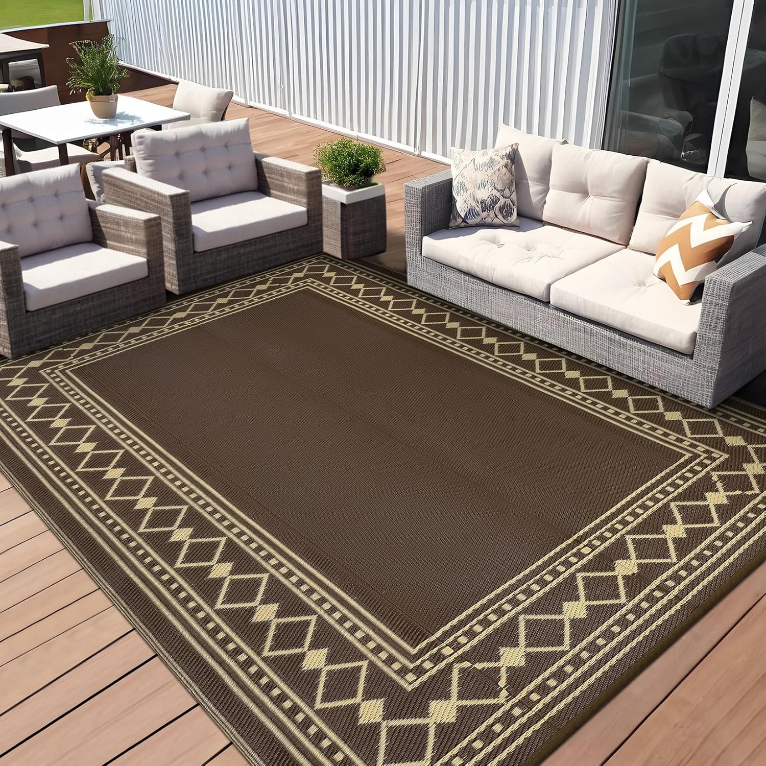 Funslane 9' x 18' Waterproof Outdoor Rug, Reversible Plastic Straw Patio Mat, Easy to Clean & Portable, for Deck, RV, Camping & Balcony, Brown/Coffee