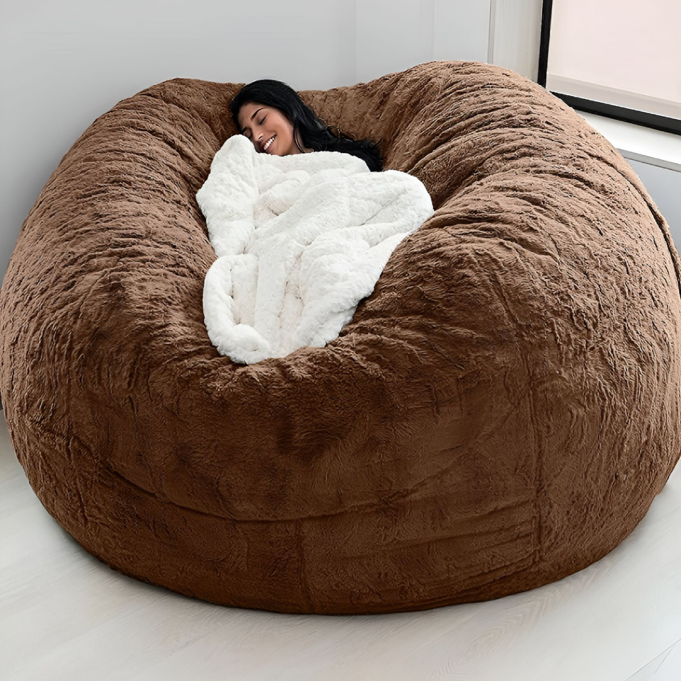 LAMIRO Soft Fluffy Bean Bag Chair for Adults, Lazy Round Bean Bag Chairs with Washable Plush Cover