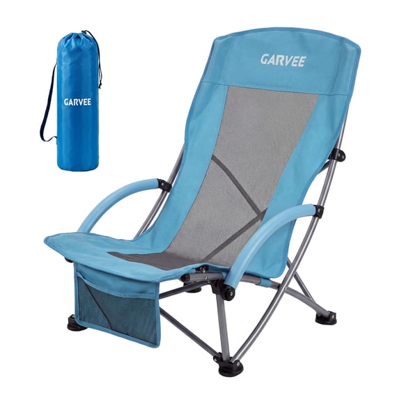 Folding Beach Chair High Back - Portable Lightweight Chair with Cup Holder & Storage Pocket for Adults, Blue (1-Pack)