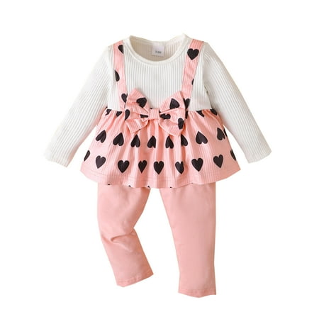 

Toddler Girls Clothes Long Sleeve Cute Love Prints Ribbed Tops Pants 2pcs Outfits Outwear Pink For Babys Clothes