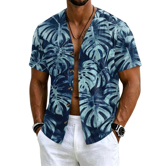 Uwinwear Men's Linen Cotton Short SleeveButton Up Shirts Lightweight Tops V Neck Hawaiian Summer Beach Printed Casual Shirts Breathable Casual Wear,Light Blue,S