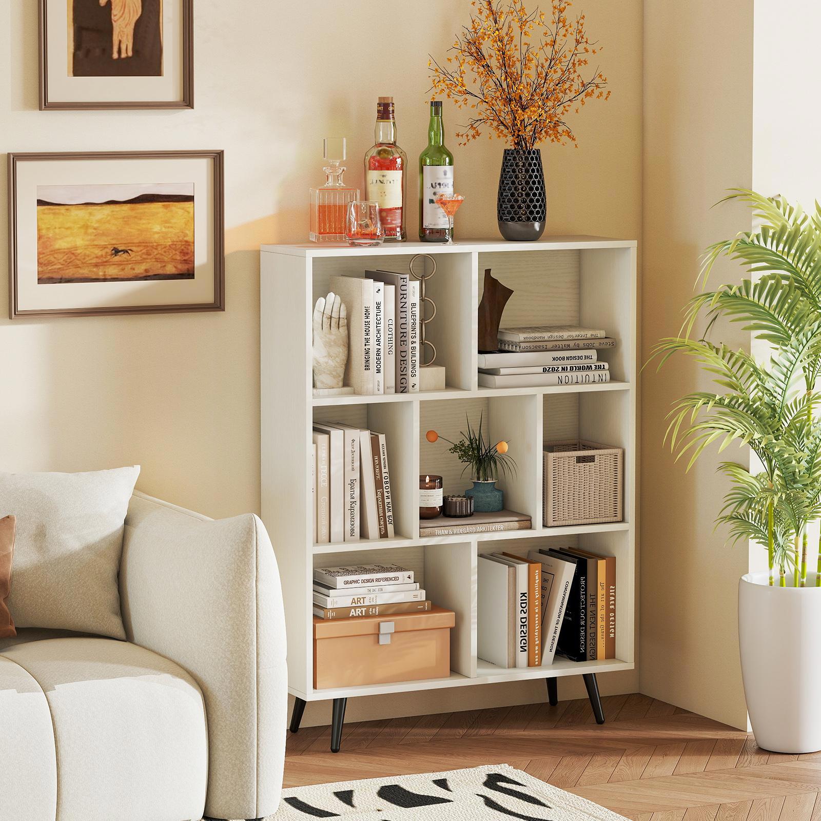Barara King 7-Cube Bookshelf with 5 Tapered Metal Legs, Bookcase Display Standing Shelf for Living Room, Bedroom, Office Room, Study Room, White