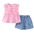thumbnail image 7 of Yutgune Toddler Baby Girl Summer Cotton Outfits Sleeveless Ruffle Tops and Denim Shorts 2 Piece Clothing Set, 7 of 7