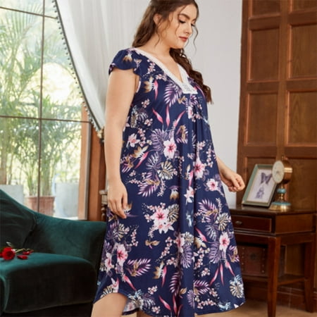 

BRAND PROMOTION! Womens Floral Nightgown Plus Size Sleepshirt Deep V Lace Neck Sleepwear Loose Sleep Dress Ruffled Sleeve Nightdress Homewear
