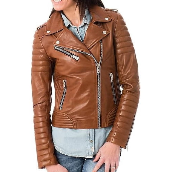 New Women Genuine Tan Quilted Lambskin Real Leather Jacket Ladies Slim Fit Biker Collared Coat W614