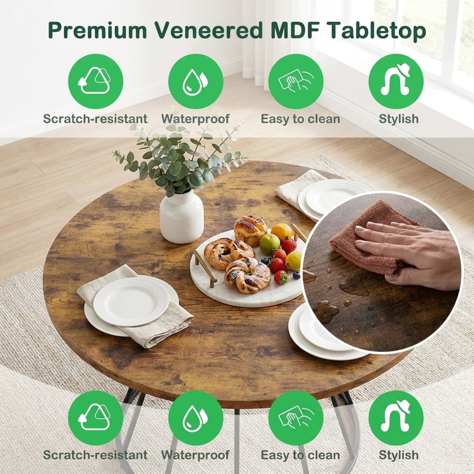 Furnibear 47 Inch Round Farmhouse Dining Table for 4 with Brown Wooden Tabletop