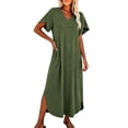 thumbnail image 3 of Tqcoqu Women's V Neck Short Sleeve Side Slit Loose Maxi Casual Dresses with Pockets,Army Green Women's S-XXL, 3 of 10