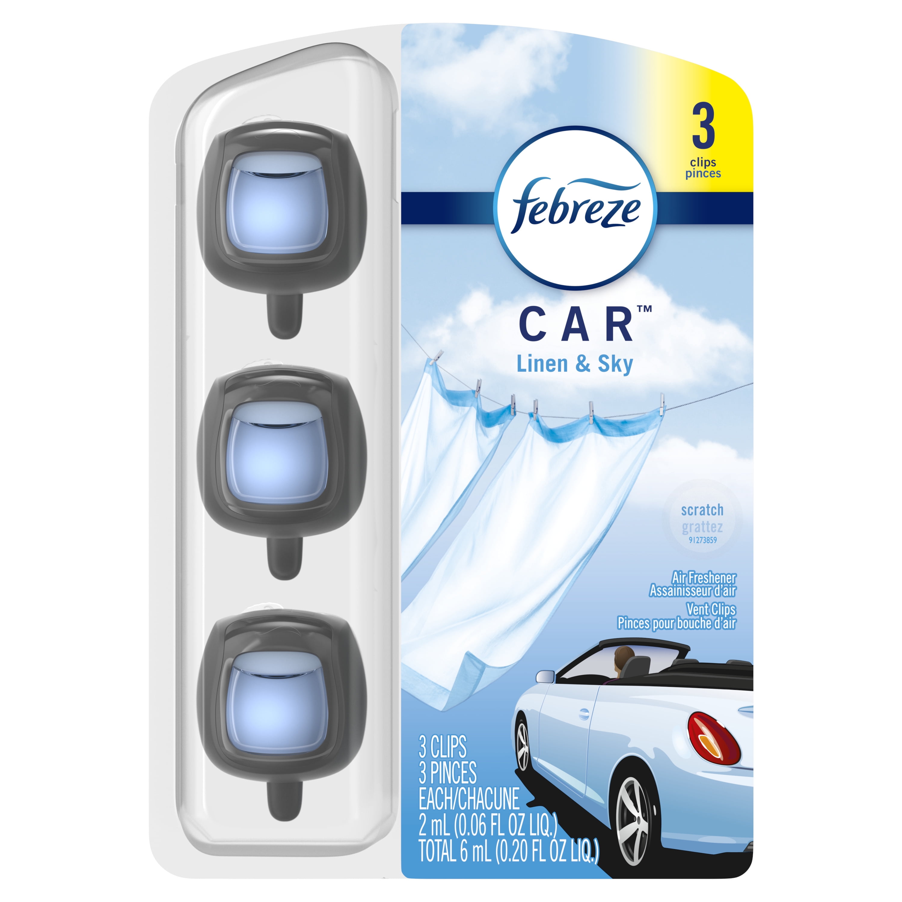 Febreze Car Odor-Fighting Car Freshener Vent Clip Linen & Sky, 3 Ct