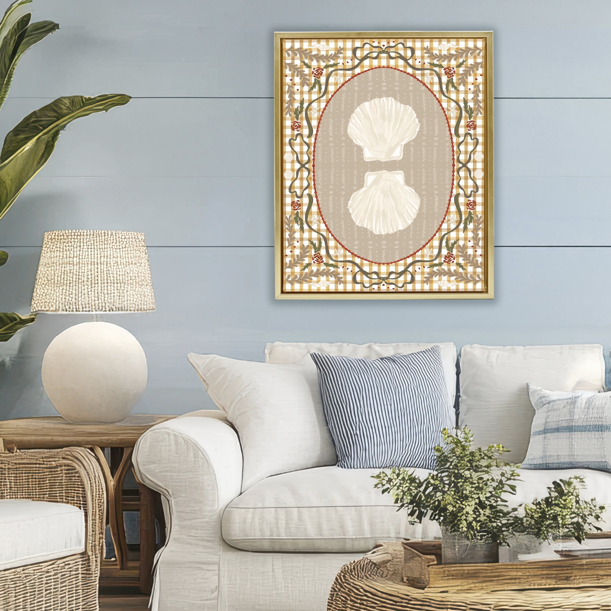 Stupell Industries Vintage Shells on Gingham Gold Framed Floater Canvas Wall Art, design by Vero Illustrates