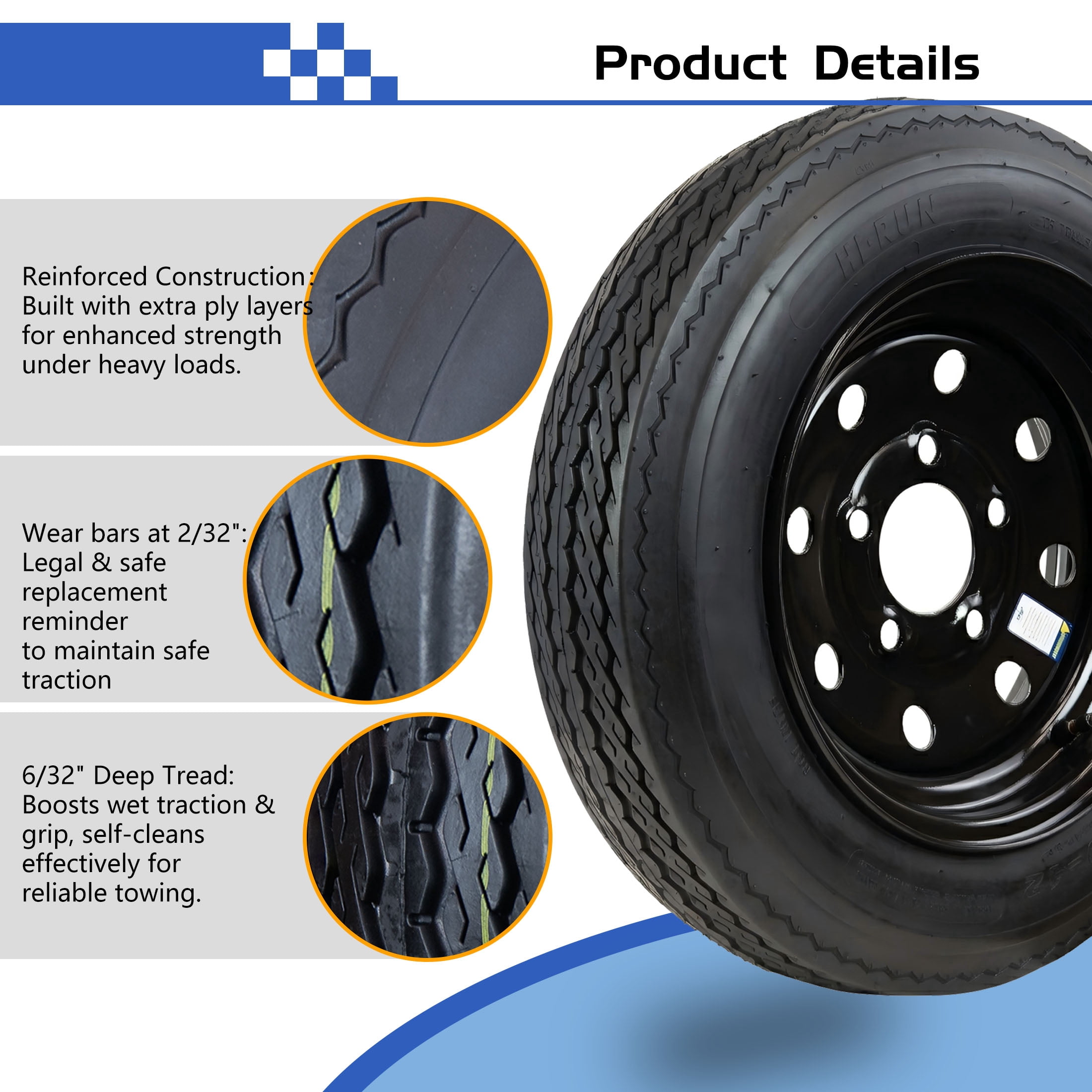 Hi-Run 2 Set SU02 4.80-12 4PR Boat Trailer Tire with 5 Lug on 4.5" Black Wheel Assembly