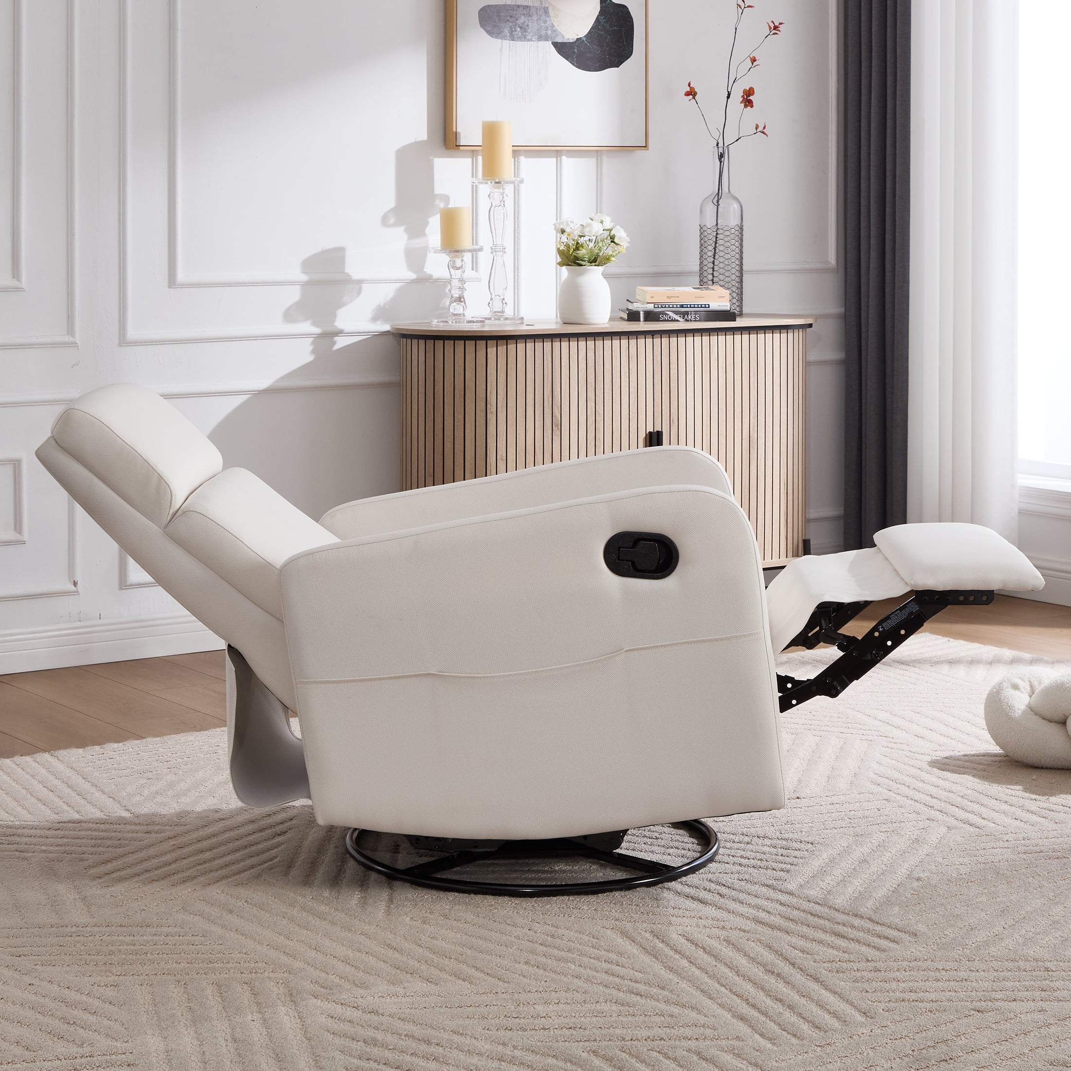 Sfxingyou Swivel Rocking Recliner Chair for Adults, Rocker Nursery Glider Chair for Living Room, Upholstered Fabric Reclining Single Sofa Chair (Beige)