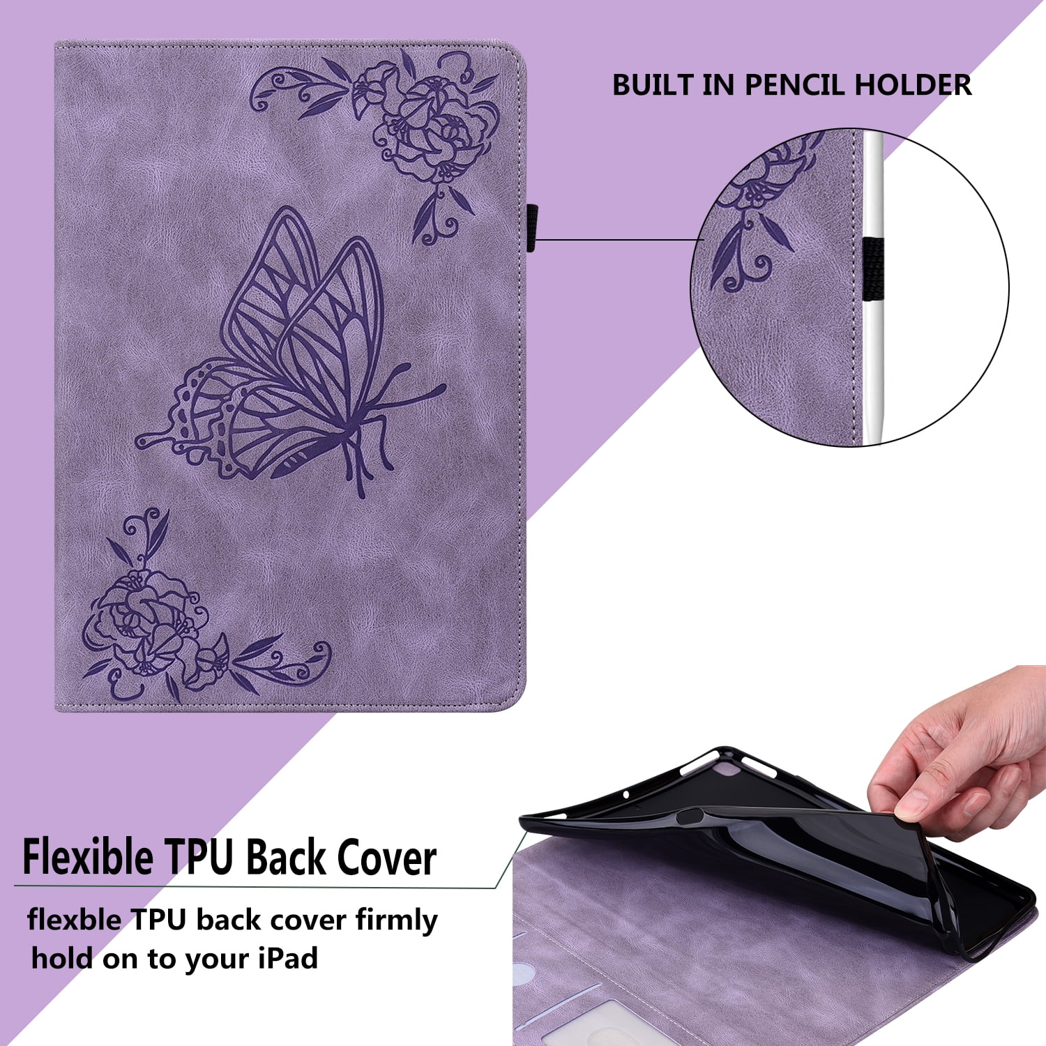 iPad 9.7 Case 2018/2017, iPad Air 1 2 Case, Allytech Butterfly Embossed Shock Absorption Kickstand Pencil Holder Auto Sleep Wake Slim Cover Case for Apple iPad 6th 5th Generation, Purple